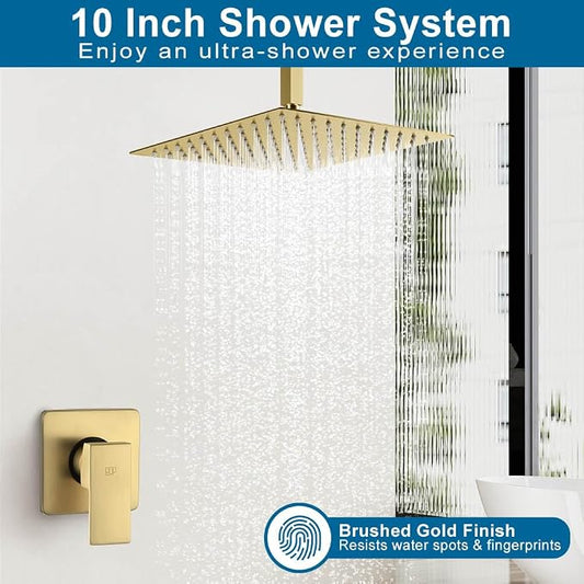 Ceiling Mount Shower Faucet Set Brushed Gold Bathroom Rainfall 10 Inch Shower Head System Single Handle Shower Trim Kit with Valve