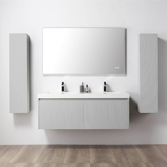 Blossom 60 Inch Double Sink Bathroom Vanity with Side Cabinets, All Wood Wall Mounted Floating Bathroom Vanity Cabinet with Acrylic Sink, Soft-Close Drawers, Bathroom Vanities, Light Grey