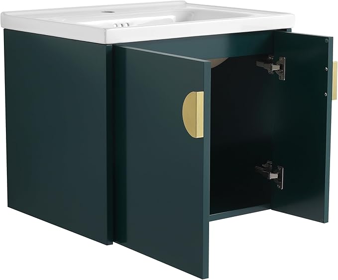 SSLine 24" Wall-Mount Bathroom Vanity Modern Floating Bathroom Vanity Set with Ceramic Sink Basin & Storage Cabinet 24-Inch Luxury Green Small Bathroom Vanities with Round Metal Handles