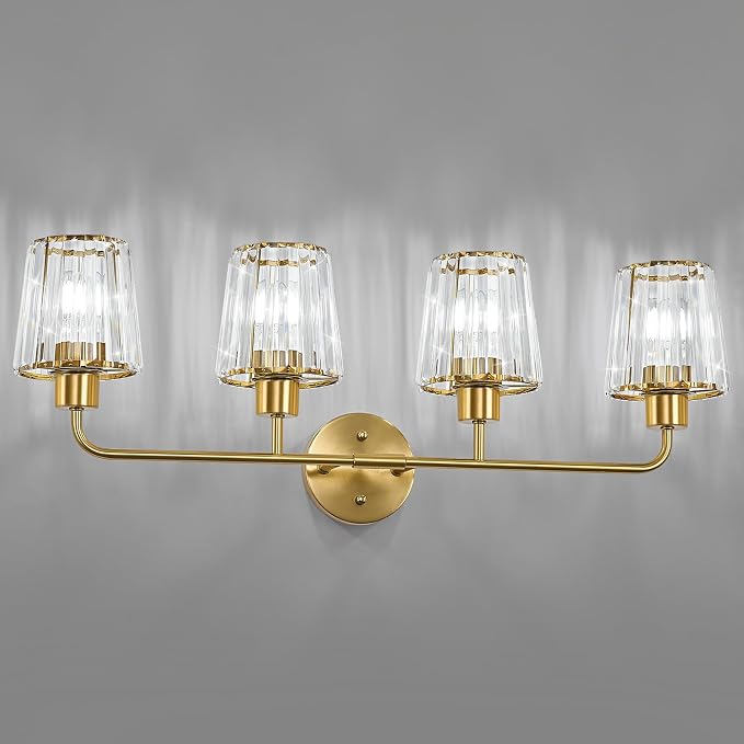 Brushed Gold Vanity Lights, 4-Light Crystal Bathroom Light Fixtures | Modern Bathroom Vanity Light E26 Wall Light over Mirror (Exclude Bulb)