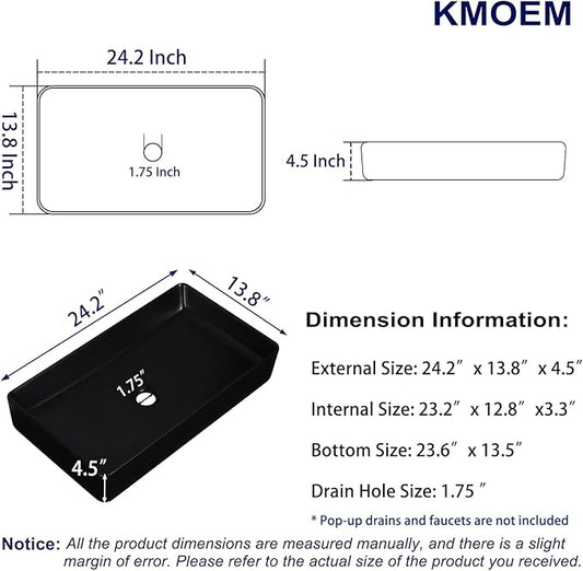 Vessel Sink 24"x14" Rectangular Bathroom Sink Modern Black Porcelain Ceramic Above Counter Drop-in Vanity Sink for Bathrooms Art Basin