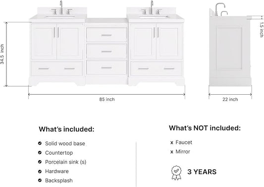 ARIEL Stafford 84-inch Bathroom Vanity with Sink,Solid Wood, 1.5in Carrara White Quartz Countertop & Backsplash, Double Rectangular Porcelain Sink, 4 Soft Closing Doors, 5 Dovetail Drawers, White