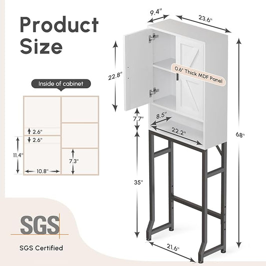 USHOWER Over The Toilet Storage Cabinet, Bathroom Organizers and Storage with Barn Doors, Thicken Metal Stand & MDF Wood Above Toilet Storage Cabinet, Freestanding Space Saver, White