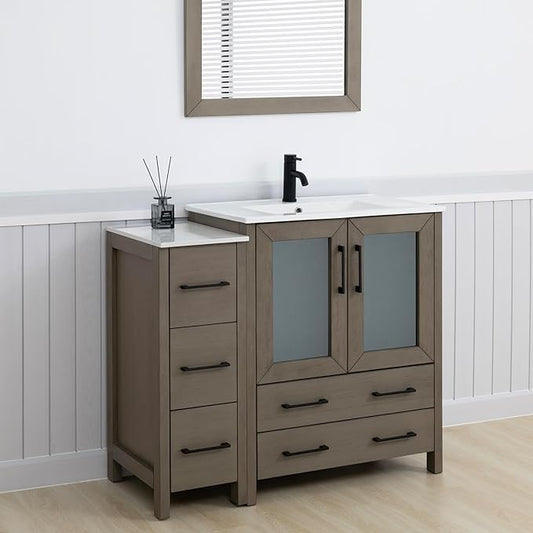 Vanity Art 42 Inch Under Mount Single Sink Bathroom Vanity Cabinet with 1 Mirror, Ceramic Top Bathroom Cabinet Compact Set with 5 Dovetail Storage Drawers, Matte Black Handles, VA3030-42-DG