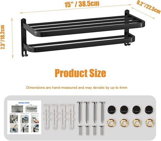 15 Inch Black Towel Racks for Bathroom Towel Shelf with Double Towel Bars Lavatory Wall Mount Holder with Hooks Stainless Steel Hotel Bath Rack (Matte Black)