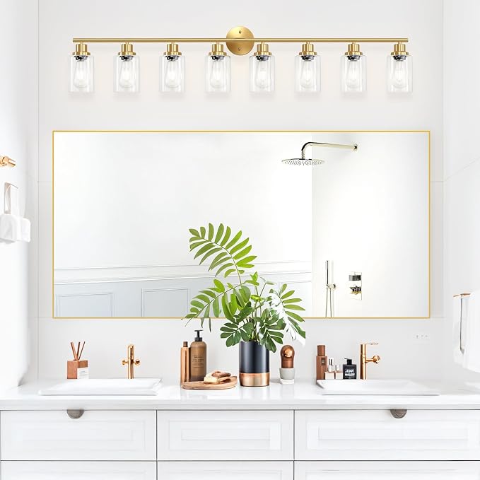 8-Light Brushed Gold Vanity Lights for Bathroom, Lighting Fixtures Over Mirror with Clear Glass Shade, Modern Kitchen Light Fixtures Wall Lamps Sconce Light - E26 Base