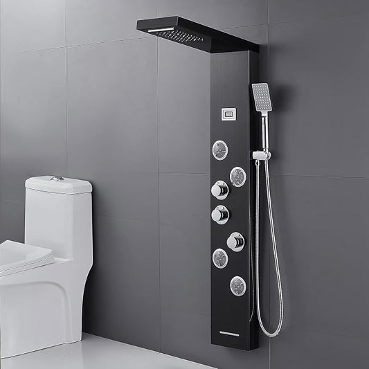 6-in-1 LED Shower Panel Tower System Stainless Steel Black | Rainfall + waterfall | 4 body jets | Handheld shower | Tub spout | LED display | Wall mount