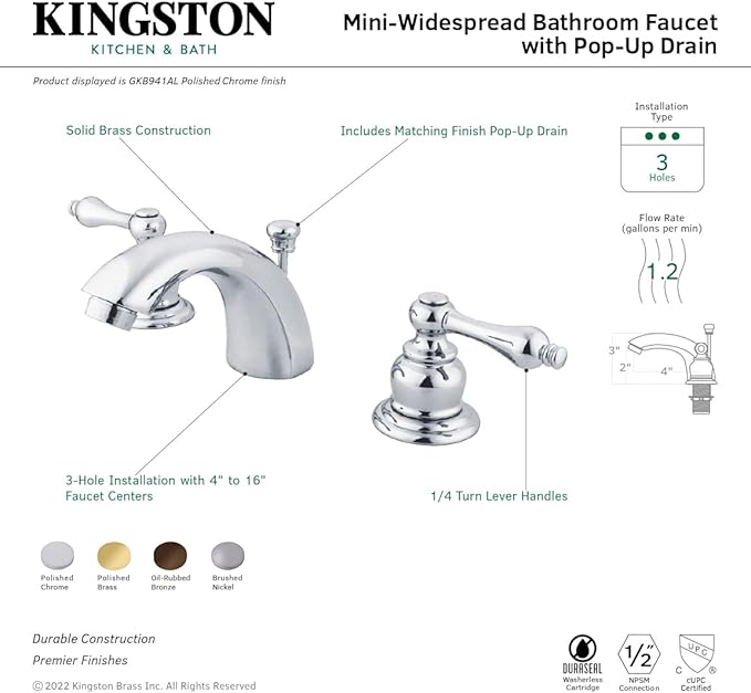 Kingston Brass GKB942AL Magellan Mini-Widespread Lavatory Faucet with Retail Pop-Up, 4-7/16", Polished Brass
