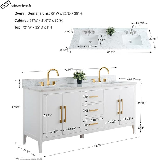 HomeBeyond 72 Inch Bathroom Vanity with Sink & Ceramic Top, Double Vanity Cabinet with Basin, Soft-Closing Doors & Matte Black Hardware, White
