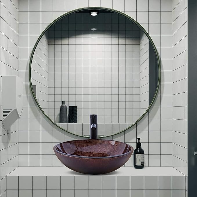 Bathroom Vessel Sink 16.5" Vessel Sinks Tempered Glass Brown Art Basin Round Bowl with Faucet Combo Brown,Countertop Bowl Sink for Lavatory Vanity Cabinet