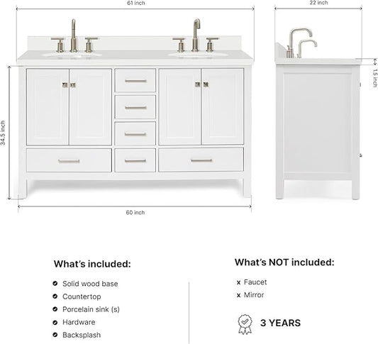 ARIEL Cambridge 60-inch Bathroom Vanity with Sink,Solid Wood, 1.5-inch Pure White Quartz Countertop & Backsplash, Double Oval Porcelain Sink, 4 Soft Closing Doors, 6 Dovetail Drawers, White