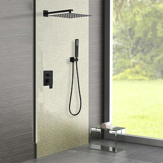 Matte Black Shower System 10 Inch Bathroom Luxury Rain Mixer Shower Combo Set Wall Mounted Rainfall Shower Head and Handheld System Shower Faucet Rough-in Valve Body and Trim Kit