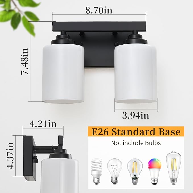 Bathroom Light Fixtures, Vanity Light Over Mirror Black 2-Light Fixture | Modern bathroom vanity light fixture with metal frame, ideal for mirrors, bedrooms and hallways. Fits E26 bulbs.