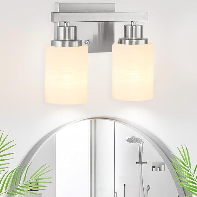 Bathroom Light Fixtures Over Mirror, 2-Light Modern Nickel Vanity Lights with White Glass Shade, Bathroom Wall Lamp Sconces for Mirror Bedroom, Living Room Hallway Small Space