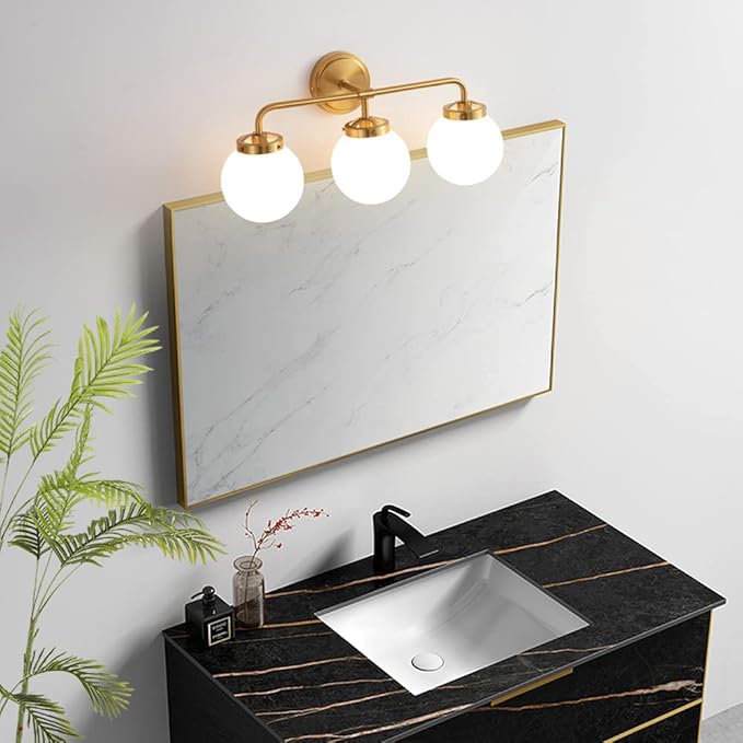 Bathroom Light Fixtures 22.4in 3-Light Brushed Gold Vanity Light for Mirror | Bathroom Lighting Fixtures over Mirror, ETL, Brushed Brass Wall Sconce, Dimmable E12 Base Max 60W, Milky Glass Ball Shades