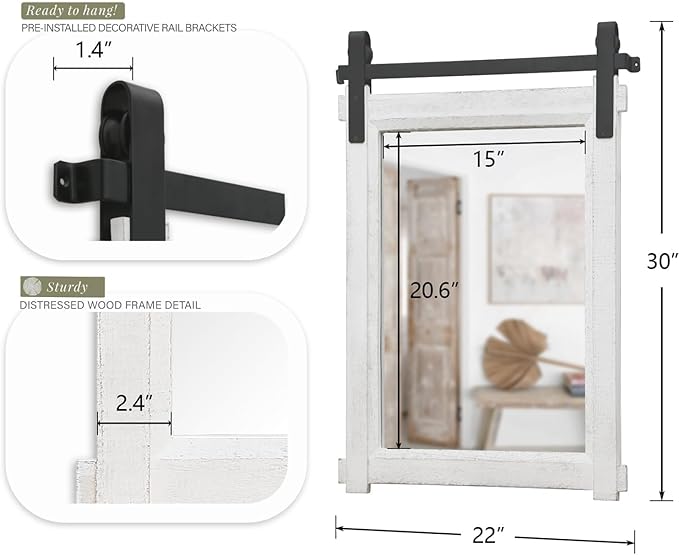 Besdomus Farmhouse Bathroom Wall Mirror: 22"x30" White Barn Door Solid Cedar Wood Frame Vanity Mirror - Rustic Home Decor for Bathroom/Living Room/Hallway - Modern Farmhouse Decor for Housewife