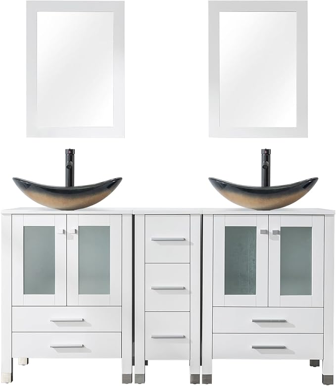 LUCKWIND 60" Double 24" Bathroom Vanity with Sink Combo, Elegant Series with One 12.6-in Side Cabinet, Painted Frame, Including Champagne Boat Sinks, Faucets Without Mirrors, White