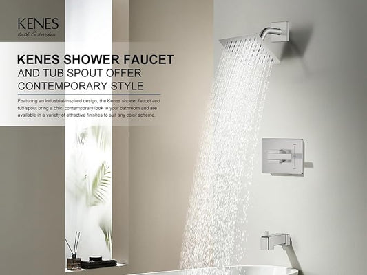 KENES Shower Set with Tub Faucet, Brushed Nickel Tub and Shower Trim Kit | Shower Faucet with 6-Inch Rain Shower Head, Square Shower System, Valve Included, Lead-Free cUPC & NSF Certified, Stainless