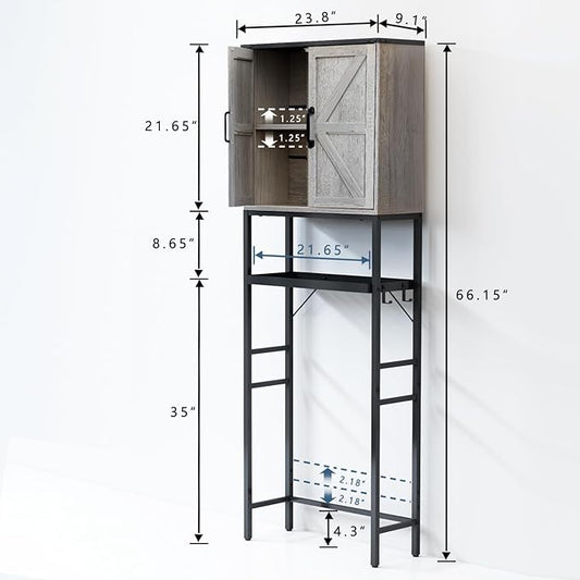 Over The Toilet Storage Cabinet, Bathroom Above Toilet Cabinet Organizer with Doors and Adjustable Shelves, Bathroom Shelf Organizer with Anti-Tip Device & Drain Rack, Grey