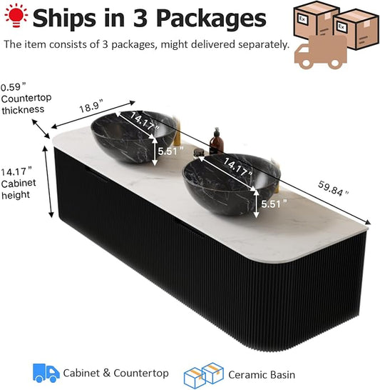 60" Floating Bathroom Vanity with Double Sink, Gloss Black | Plywood Cabinet, Single Sink, Doubel Sink, Ceramic Basin & Marble Countertop, Pre-Assembled