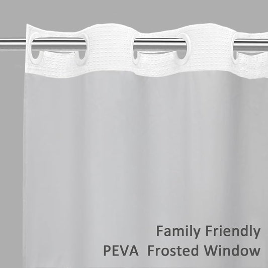 No Hook Shower Curtain with Liner Hotel Waffle PEVA Window White 72W X 75L | Washable Snap in Fabric Liner, Mesh Top Window, Waffle Hotel Style Shower Curtain Set