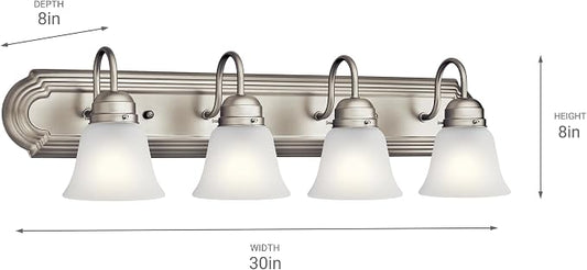 Kichler 4-Light Bathroom Vanity Light, Brushed Nickel | Clear satin etched glass vanity light for bathroom mirrors (30" x 8"), 5338NIS