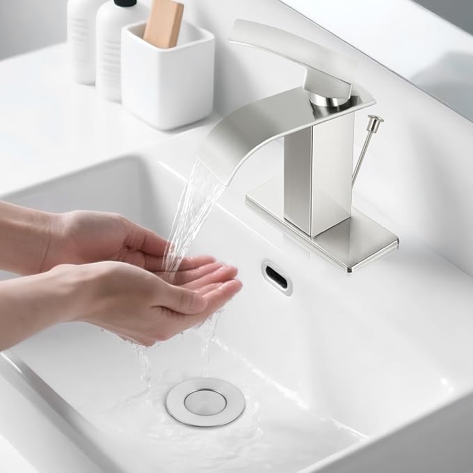 Nickel Bathroom Faucet with Waterfall Spout and Lift Rod Drain | SUS 304 Stainless Steel, Single Handle, 1 Or 3 Hole Sink, RV Vanity, Deck Plate, Supply Hoses, NSF372 NSF61 cUPC