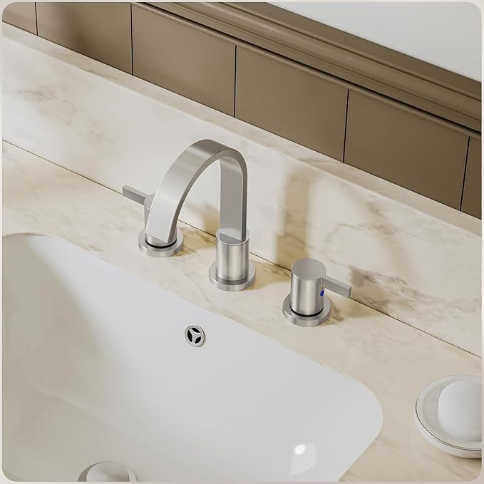 Phiestina 8 Inch Brushed Nickel Waterfall 2-Handle 3-Hole Widespread Bathroom Faucet with Pop-up Drain and Valve, WF40-1-BN