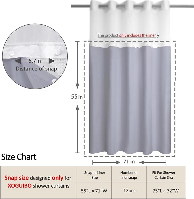 Replacement Snap-in Fabric Liner 71" W x 55" L, for 72" W x 75" L No Hook Shower Curtain - Grey