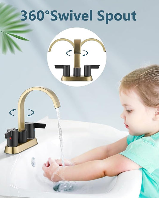 Aolemi Bathroom Faucets for Sink 3 Hole,4 Inch Centerset Waterfall Faucet 2 Handle for Bathroom Sink with Pop-Up Drain and Supply Lines Brushed Gold and Matte Black