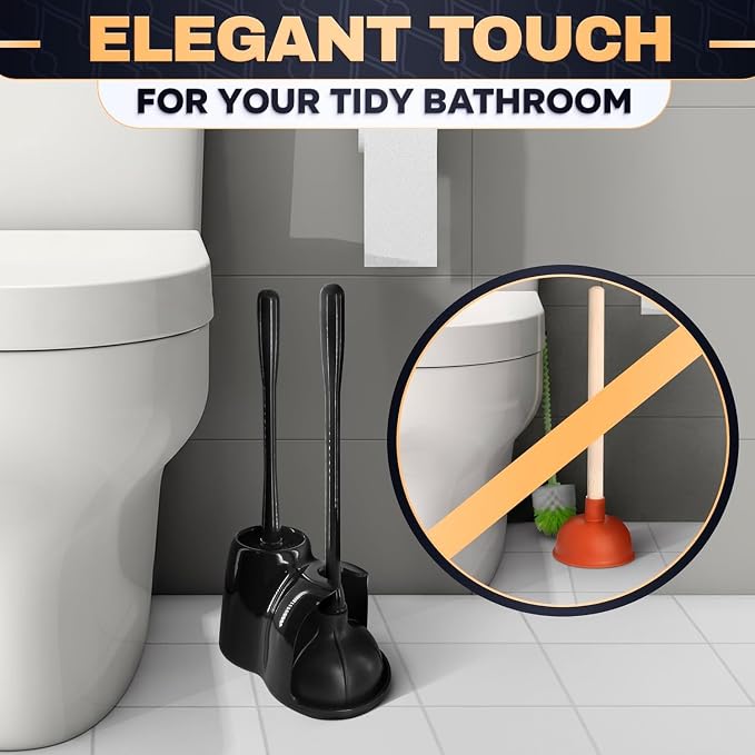 2-in-1 Black Toilet Brush and Plunger Set with Holder – Compact Bathroom Cleaning Combo, Strong Rubber Plunger & Stiff Bristle Brush, Space-Saving Stand, Fits Most Standard Toilets, 6.4×5.5×17.1 inch