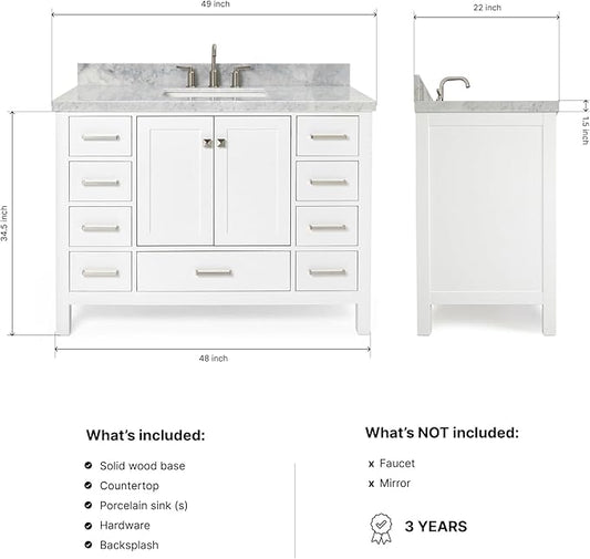 ARIEL Cambridge 48-inch Bathroom Vanity with Sink,Solid Wood, 1.5-inch Italian Carrara Marble Countertop, Single Rectangular Porcelain Sink, 2 Soft Closing Doors, 9 Dovetail Drawers, White