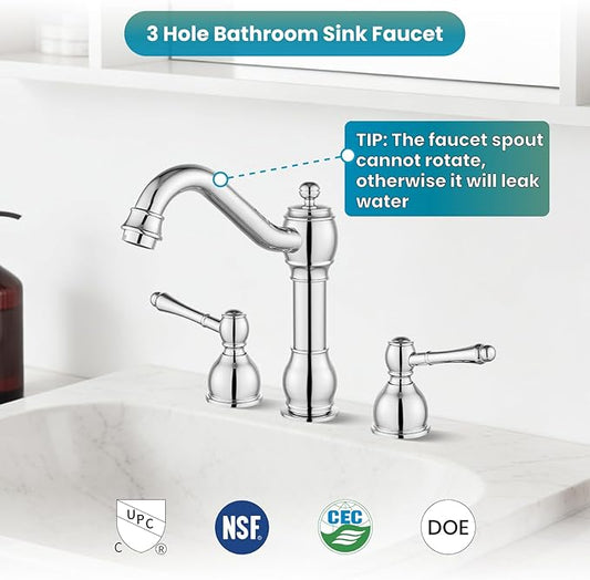 gotonovo 8 Inch Widespread Bathroom Faucets for Sink 3 Hole 2 Lever Handle Deck Mount with Pop Up Drain Hot and Cold Water Supply Lines Polish Chrome