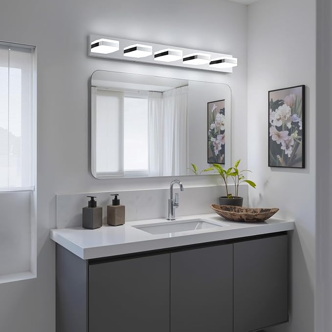 Bathroom Lighting Fixtures Over Mirror, 5 Light Silver Vanity Light | Cool White, 5000K, Modern Vanity Wall Lights for Bath, Dressing Room, Restroom, 37.4 inch