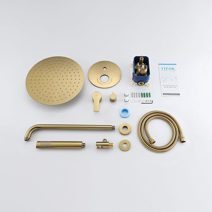TIPOK Brushed Gold Shower System with 10 Inch Rain Shower Head and Handheld, Gold Shower Faucet Set Has High-Pressure Rain Showerhead and Pressure Balance Golden Brush Brass Valve for Shower Fixtures