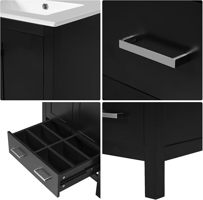 24" Freestanding Bathroom Vanity with Sink, Floor Stand Bathroom Storage Cabinet with Ceramic Sink, Doors with Double-Layered Storage Shelves, Modern Compact Vanity with Divided Drawer, Black