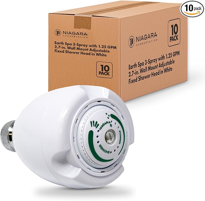 Niagara Conservation N2912 Earth Spa 3-Spray with 1.25 GPM 2.7-in. Wall Mount Adjustable Fixed Shower Head in White, 10-Pack | Bathroom Shower Head Sprayer with Pressure Compensation Technology