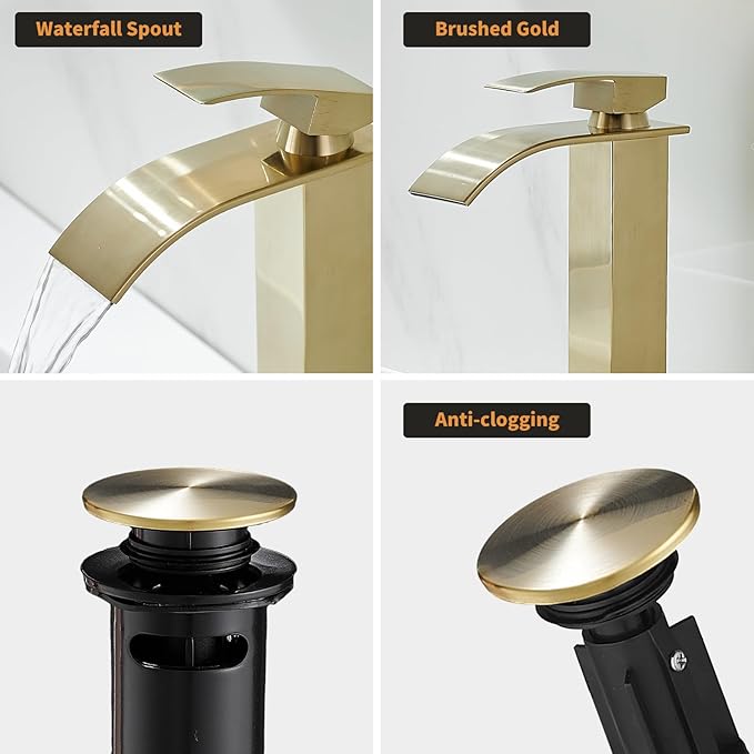 Hoimpro Brushed Gold Waterfall Bathroom Faucet with cUPC Supply Lines, Single Hole Single Handle Bathroom Sink Faucet with Pop up Drain, Vessel Faucet, Brushed Gold(1 or 3 Hole)
