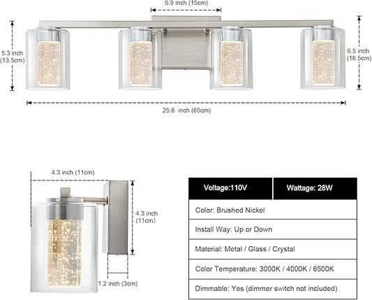 SineRise 4-Light Brushed Nickel Vanity Light with 3 Color Modes (3000K/4000K/6000K), Eye Protection LED Bathroom Light Fixture, Dimmable Modern Wall Light Over Mirror with Clear Glass Shade