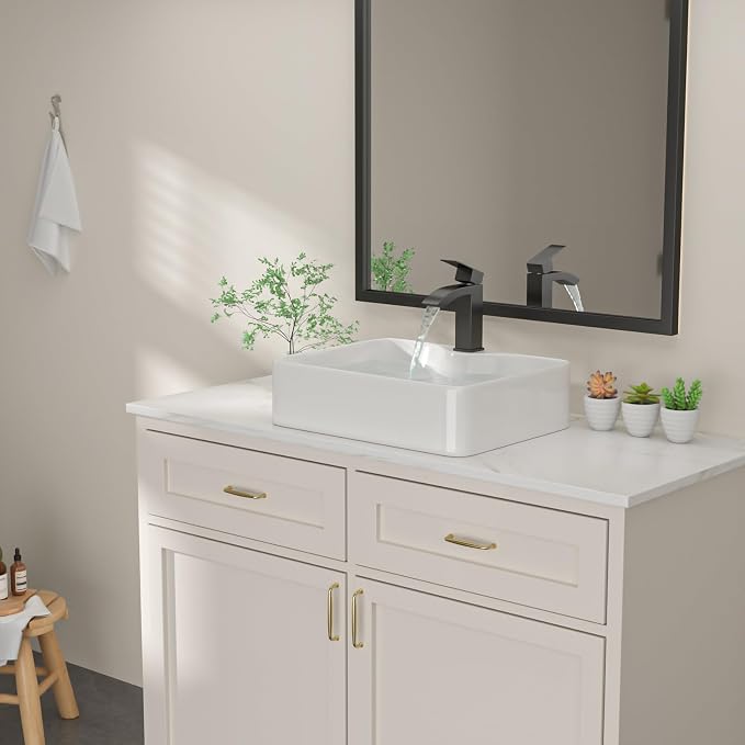 Dcolora 19x15 In. White Vessel Sink with Faucet & Drain Combo, Rectangular Above Counter Porcelain Ceramic Bathroom Sink with Black Accessories
