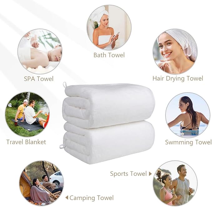Orighty Bath Towels, Soft Feel Bath Towel, 2 Pack (27'' x 54'') | Highly Absorbent, Quick Drying Microfiber Towels for Body, Sport, Yoga, SPA, Fitness, Bathroom -White