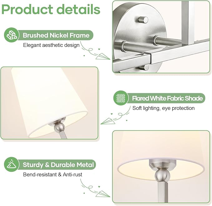 MOKATNG Bathroom Light Fixtures, 3-Light Brushed Nickel Vanity Lights, Bathroom Lighting Fixtures Over Mirror with Flared White Fabric Shade, Modern Wall Sconces for Living Room Hallway