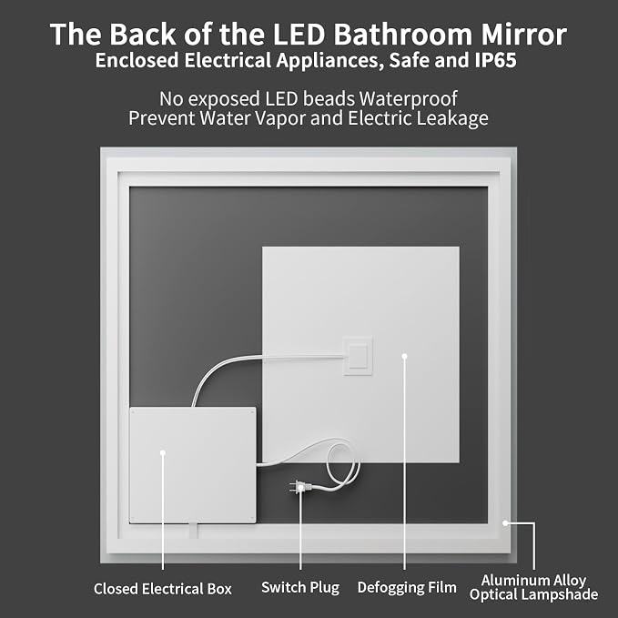 Koonmi 40x40 LED Bathroom Mirror, Shatterproof Mirror with Light | 90CRI Vanity Mirror with Anti-fog Backlit + Front Lit, 3 Color, Easy Install for Bathroom Hotel (IP65)