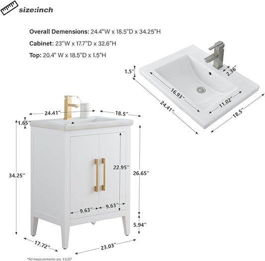 HomeBeyond 24 Inch Bathroom Vanity with Sink & Ceramic Top, Single Vanity Cabinet with Basin, Soft-Closing Doors & Matte Black Hardware, White