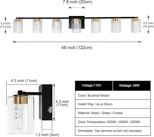 SineRise 7-Light Black and Gold Vanity Light with 3 Color Modes (3000K/4000K/6000K), Eye Protection LED Bathroom Light Fixture, Dimmable Modern Wall Light Over Mirror with Clear Glass Shade