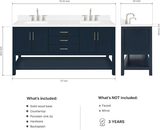 ARIEL Magnolia 72-inch Bathroom Vanity with Sink,Solid Wood, 1.5-inch Carrara White Quartz Countertop, Double Rectangular Porcelain Sink, 4 Soft Closing Doors, 3 Dovetail Drawers, Midnight Blue