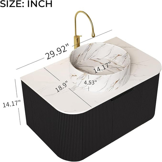 LKTART 30 Inch Floating Bathroom Vanity with Sink, Modern Wall Mounted Bathroom Storage Cabinet with Drawer, Stone Pattern Round White Ceramic Sink Top and Marble Texture Top, Black