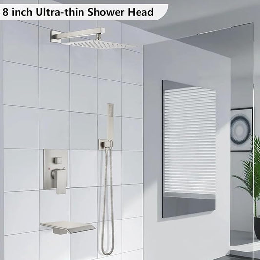 Midanya Rain Shower System with Tub Spout,8 Inch Brushed Nickel | with Valve&Trim Kit,All Metal,Square Rainfall Head,Handheld Sprayer,Waterfall Spout,Wall Mount,Bathroom Shower Tub Faucet Set