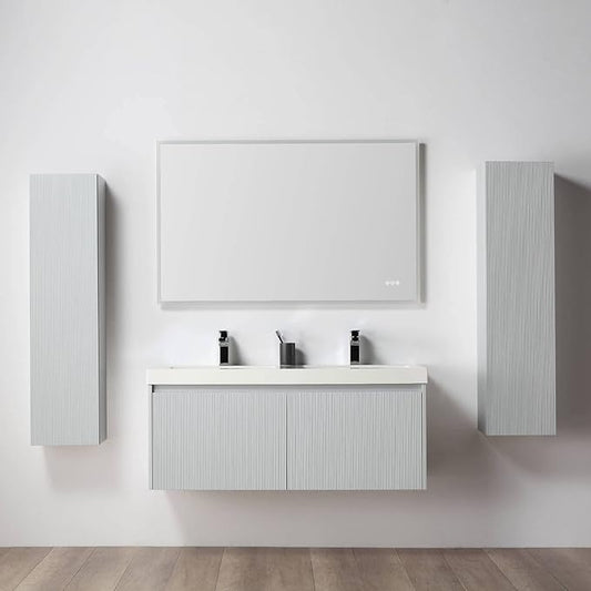 Blossom 48 Inch Double Sink Bathroom Vanity with Side Cabinets and Mirrors, All Wood Wall Mounted Floating Bathroom Vanity Cabinet with Acrylic Sink, Soft-Close Drawers, Bathroom Vanities, Light Grey