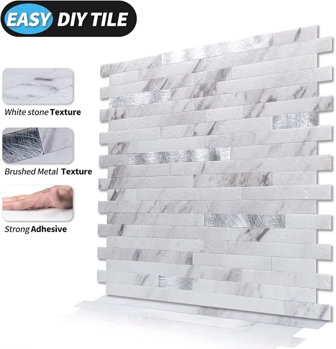 Art3d Faux Stone Peel & Stick Backsplash Tile, 10 pcs, Silver Trim Volakas | PVC, Multi-Style Decor Sheets, Waterproof, Traceless Peel, No Wall Damage, Ideal for Kitchen